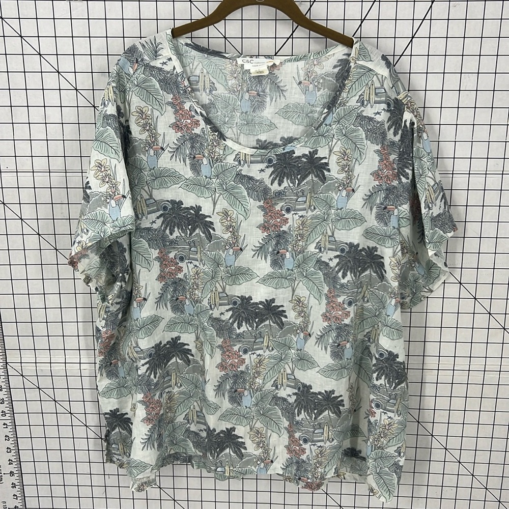 CC California 100% linen tropical Hawaiian vacation print top 3X